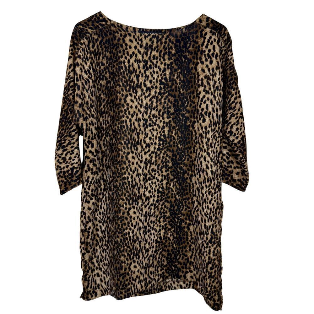 Zara Leopard Print Shift Dress Size Large Animal Print Tunic Long Sleeve GUC